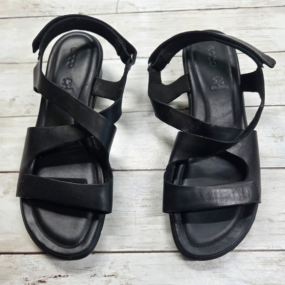Ecco Shoes - Ecco Felicia Wedge Sandal Women 10-10.5 Black Leather Adjustable Straps